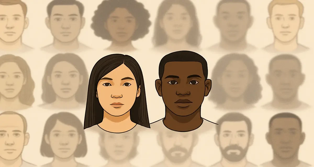 An illustration visually representing the other-race effect, showing a grid of diverse human faces where two central faces are sharply detailed, while others from different racial backgrounds appear blurred and less distinct.