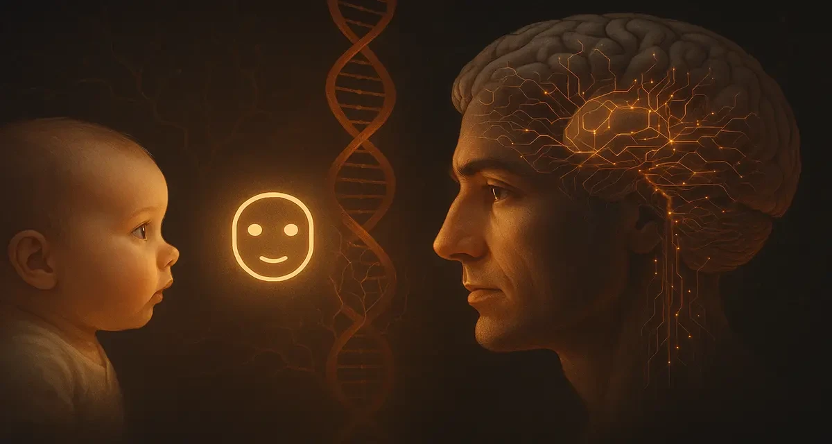 A conceptual illustration showing a baby and an adult facing each other, with glowing brain circuits and DNA strands between them, symbolizing how the brain develops an innate preference for faces through genetic encoding and neural organization.