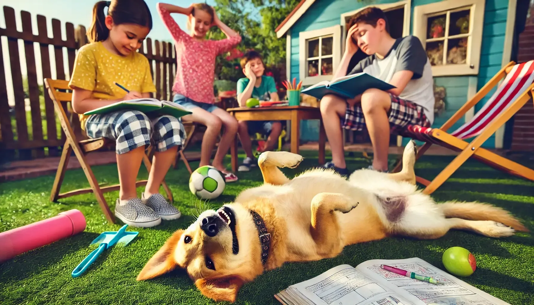 Niños haciendo los deberes y un perro esperando que le froten la barriga.