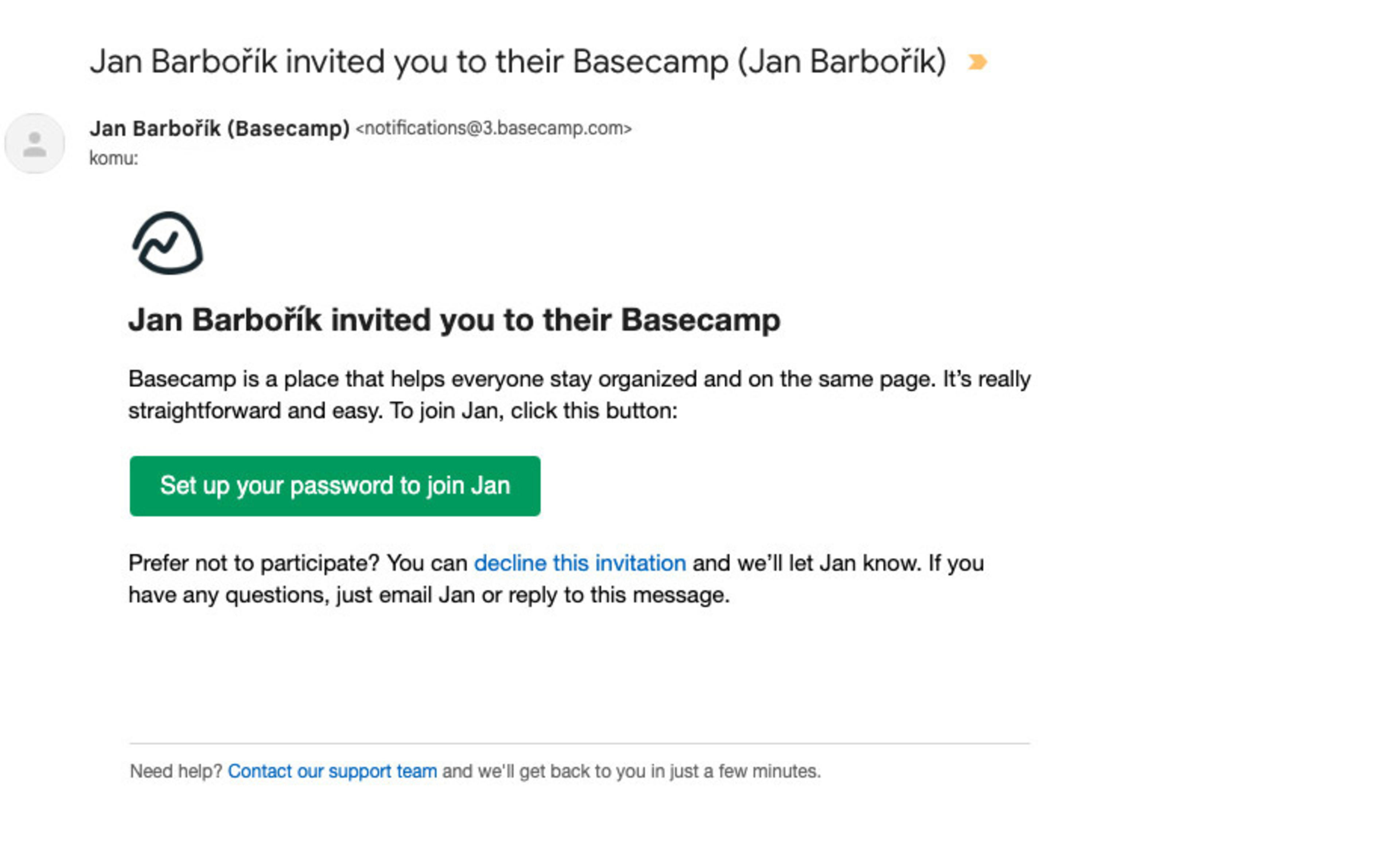 E-mail di invito all'account Basecamp