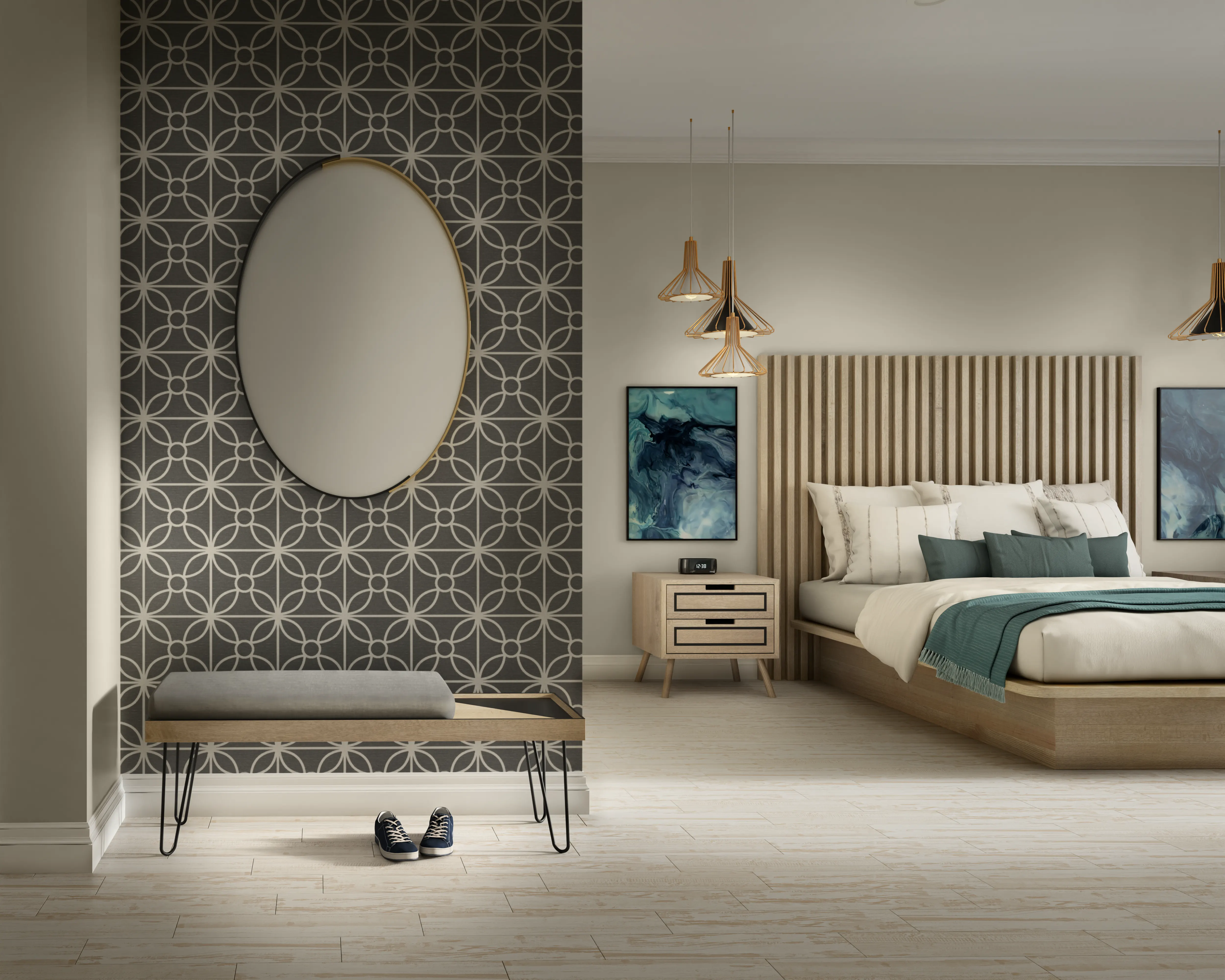 KH_Guest_Room_Arrie_Headboard_Nightstand_Bench_DSTYLE_Nico_Mirror-Arrie Collection