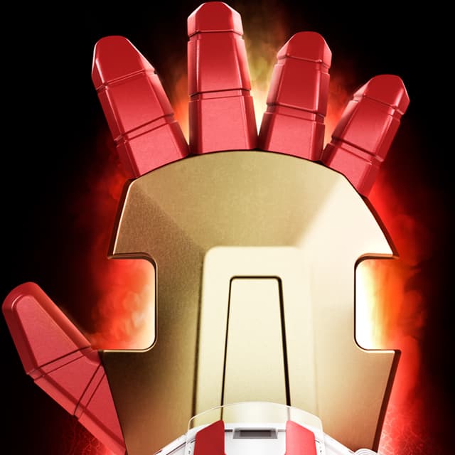 Ironman glove by Littlebits, close up front with golden cover and fingers in red