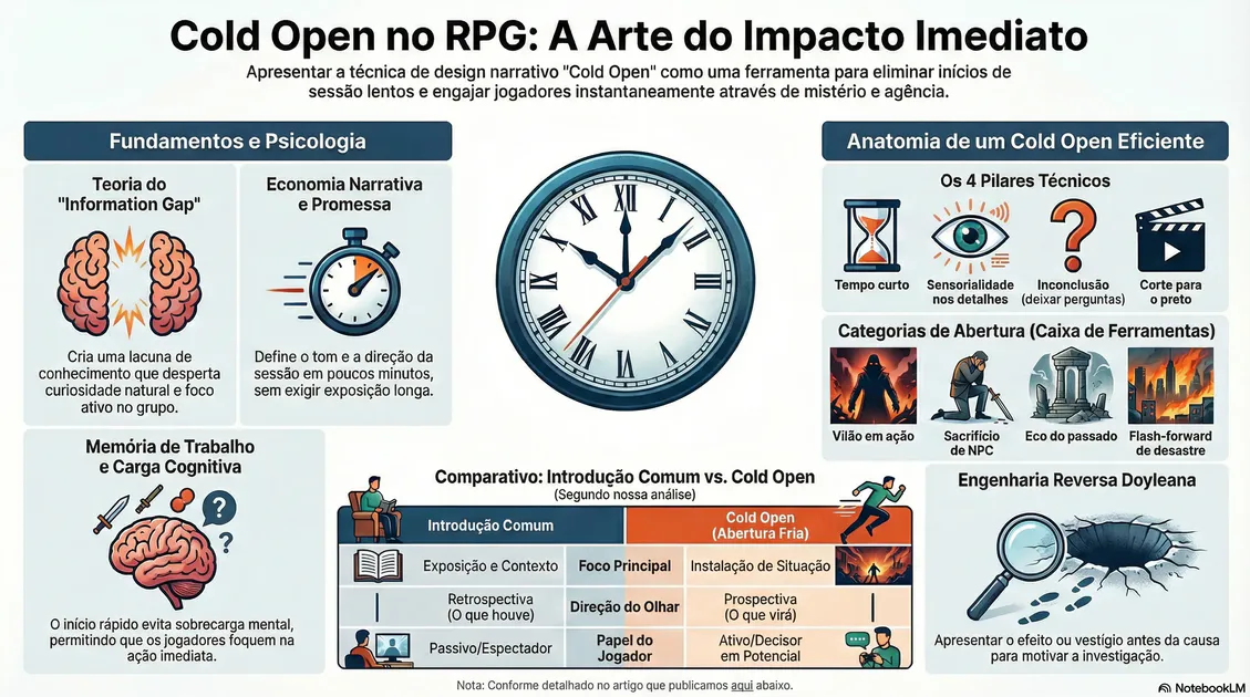 “Cold Open no RPG: A Arte do Impacto Imediato” com fundamentos, pilares técnicos, categorias de abertura, comparativo com introdução comum e engenharia reversa doyleana.