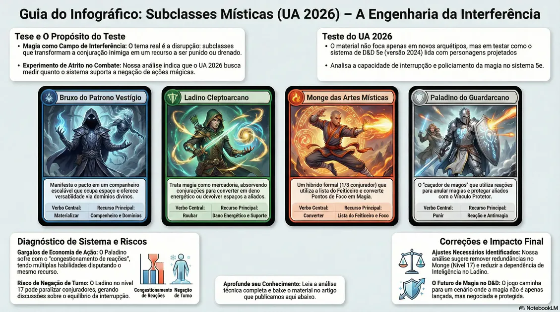 Infográfico “Subclasses Místicas (UA 2026)” com resumo das quatro subclasses (Bruxo do Patrono Vestígio, Ladino Cleptoarcano, Monge das Artes Místicas e Paladino do Guardarcano), destacando interferência mágica, verbos centrais, recursos e riscos de sistema.