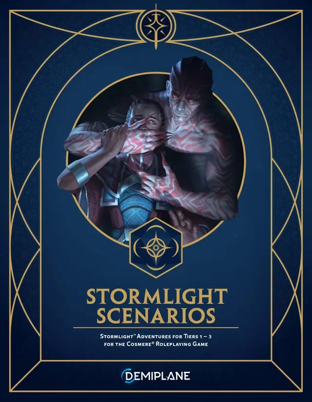 Capa de Stormlight Scenarios para o Cosmere RPG mostrando um personagem sendo atacado por um inimigo sombrio em Roshar.
