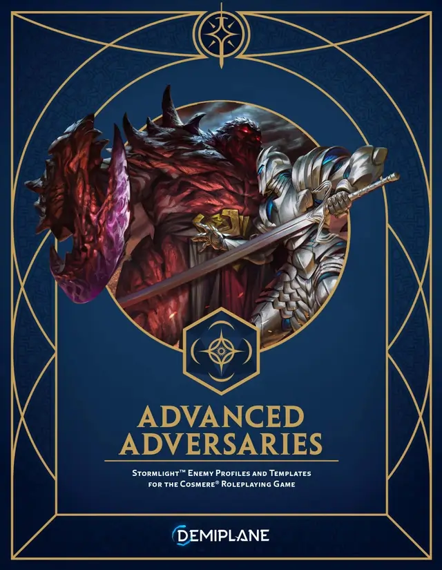 Capa de Stormlight Advanced Adversaries mostrando um guerreiro de armadura enfrentando uma criatura monstruosa em Roshar.