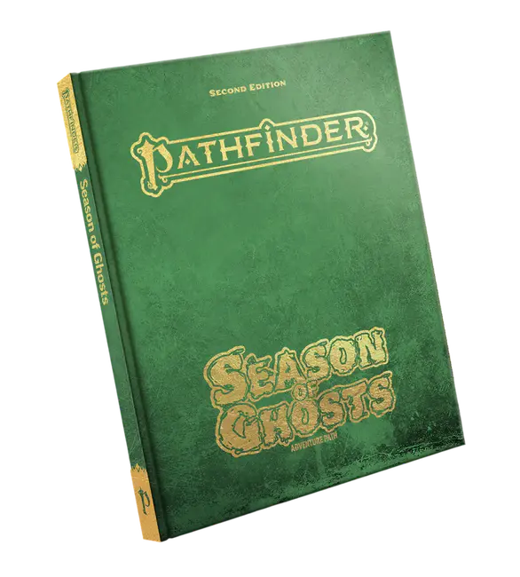 Livro verde deluxe e capa ilustrada padrão da compilação Season of Ghosts para Pathfinder 2E.