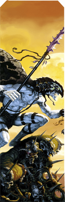 Feiticeiro da Feitiçaria Profana empunhando cajado em cenário desolado, símbolo das Subclasses Apocalípticas de D&D.
