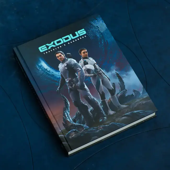 Livro Exodus RPG Traveler’s Handbook sobre mesa azul.
