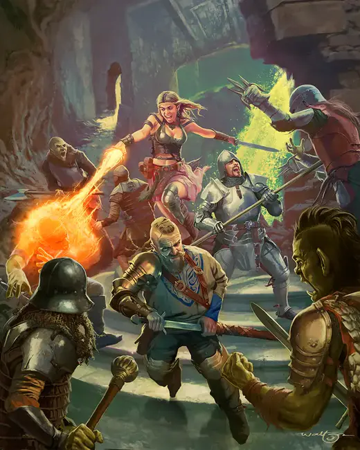 Cena de batalha épica no RPG Castles & Cruzades, com guerreiros e magos enfrentando orcs em ruínas ancestrais.