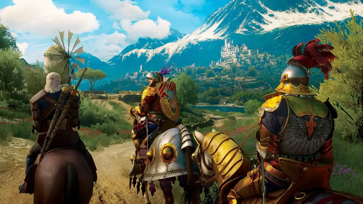 Cavaleiros e aventureiros percorrem uma estrada em Toussaint, cenário medieval idealizado de The Witcher 3.