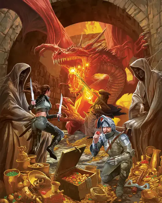 Aventureiros enfrentando um dragão vermelho em meio a um tesouro, cena clássica de Castles & Cruzades Reforged.