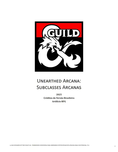 Capa da versão brasileira da Unearthed Arcana: Subclasses Arcanas 2025, com o selo da Dungeon Masters Guild.