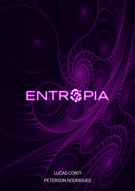 Capa oficial do Entropia RPG Playtest 0.1 com design abstrato roxo, nomes dos autores Lucas Conti e Peterson Rodrigues.