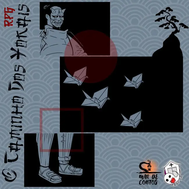 Arte conceitual do RPG O Caminho dos Yōkais com dobraduras de tsurus, máscara oni e fundo tradicional japonês