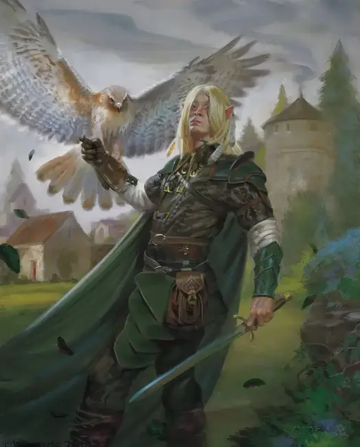 Ilustração de personagem élfico com espada e falcão em um cenário de fantasia medieval de D&D