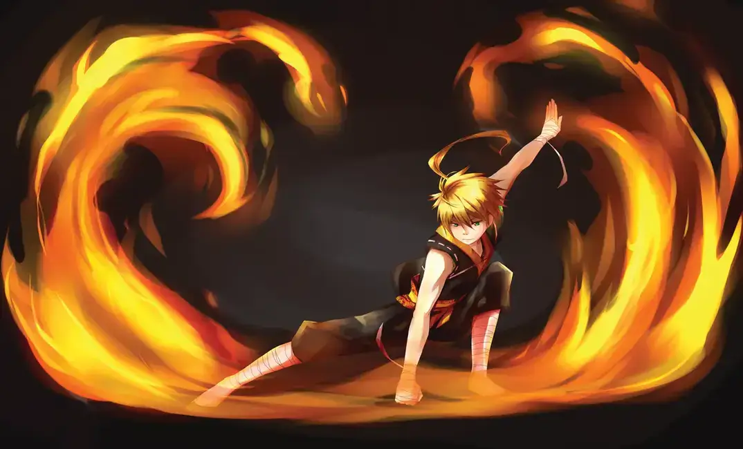 Personagem de Anime 5E manipulando chamas em pose de combate com efeitos de fogo ao redor.