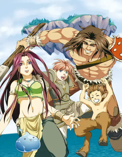 Cena de Anime 5E com grupo aventureiro animado, incluindo humanos, criaturas mágicas e um slime azul sorridente.