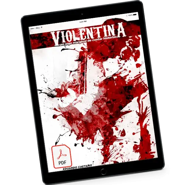 Tablet exibe a capa digital do RPG Violentina, com fundo branco e manchas vermelhas evocando violência simbólica.