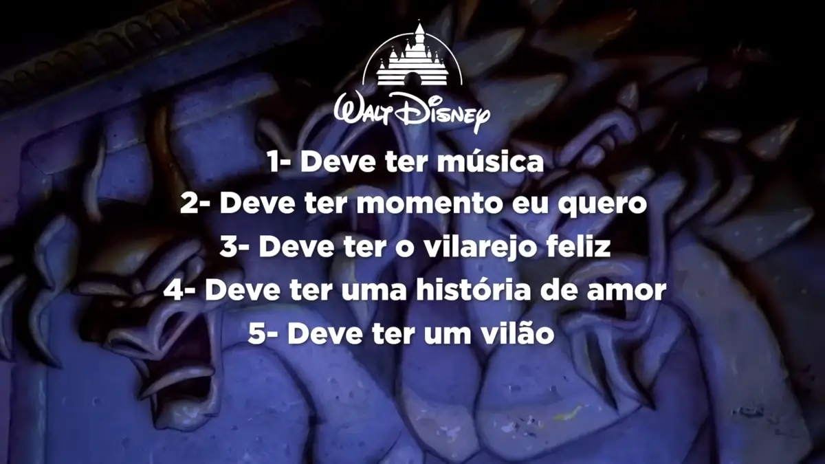 Lista das cinco regras narrativas da Disney sobre estrutura de histórias, com fundo roxo e gárgulas esculpidas.