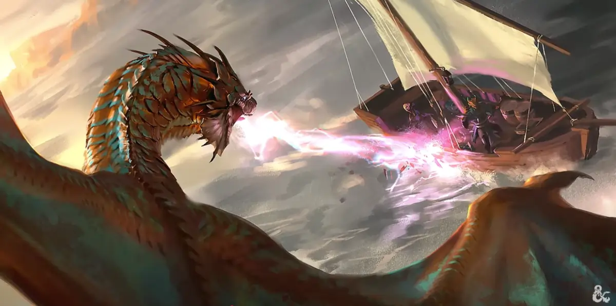 Dragão ataca barco com sopro de energia em imagem promocional de Dragon Delves para D&D 2024