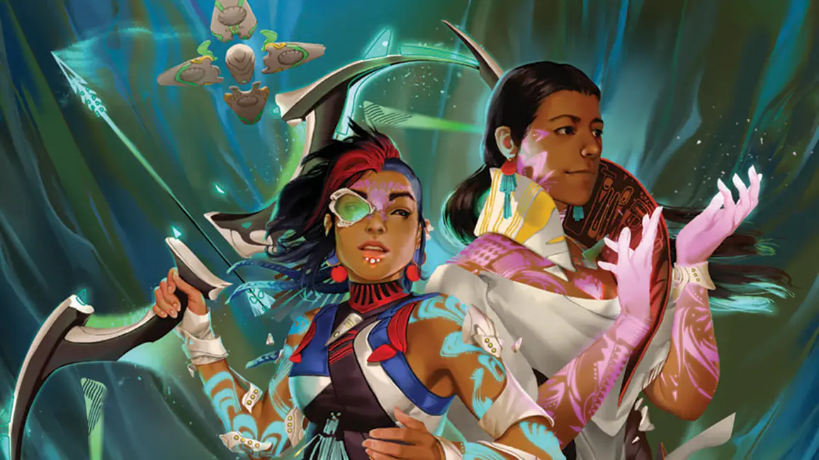 Cena de Coyote & Crow, RPG Premiado com personagens indígenas em ambiente futurista inspirado em Cahokia