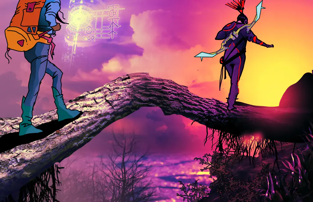 Duas figuras atravessam uma ponte natural ao pôr do sol, em um mundo fantástico inspirado nas culturas indígenas de Coyote & Crow