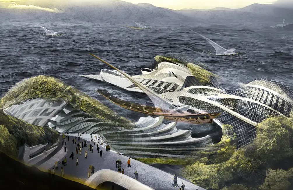 Vista de uma cidade portuária futurista com arquitetura orgânica e barcos tecnológicos, em um mundo alternativo de Coyote & Crow