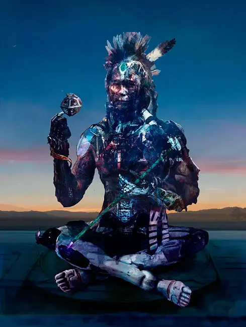 Figura indígena futurista sentada em posição de meditação, com artefatos tecnológicos e vestes tribais estilizadas, sob um céu crepuscular. Arte conceitual de Coyote & Crow.