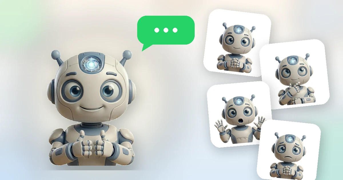 Boty, el asistente de Hola Tienda, con varias expresiones, listo para chatear por WhatsApp