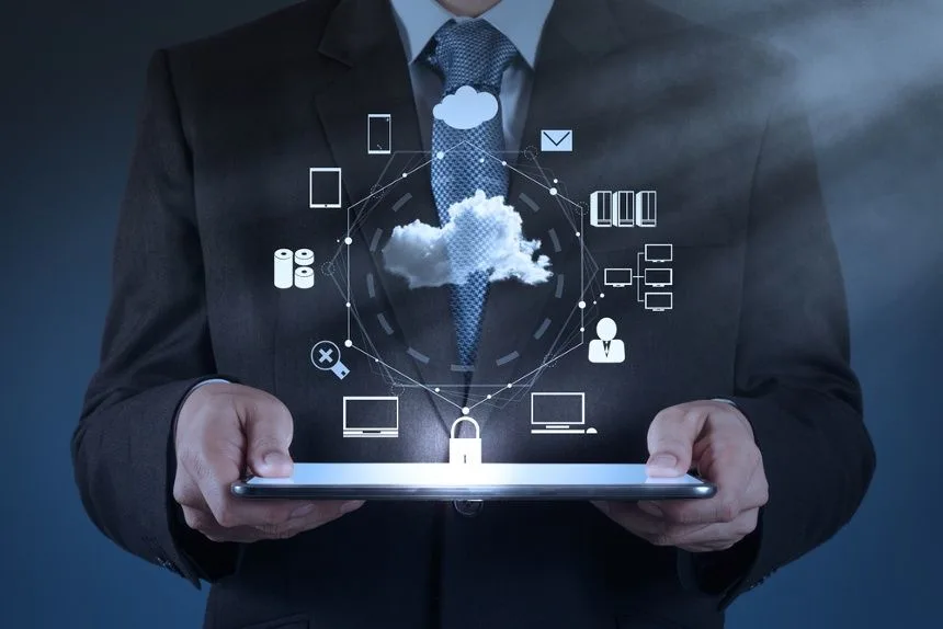 Businessman hand working with a Cloud Computing