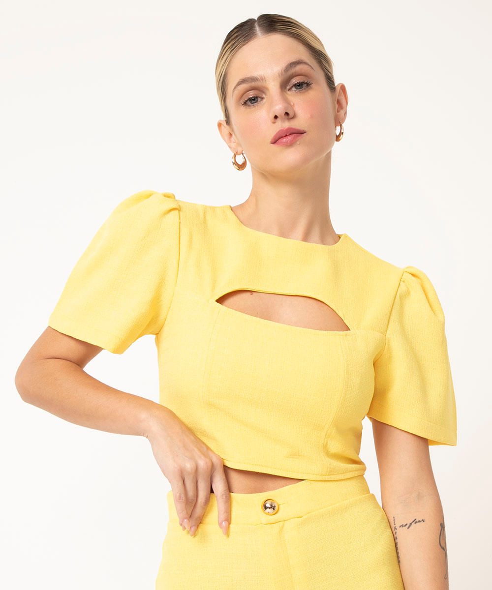 blusa de tweed alfaiataria amarelo
