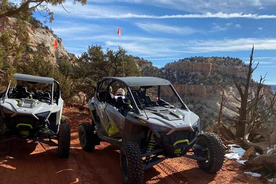 Two Polaris RZRs parked near Zion