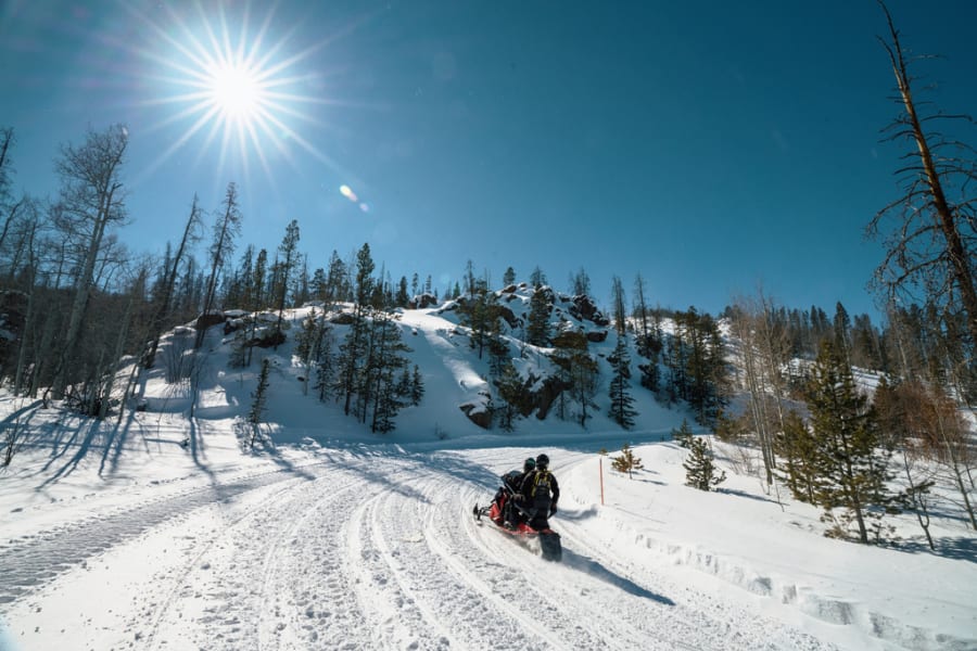 Snowmobilers on sunlit trail