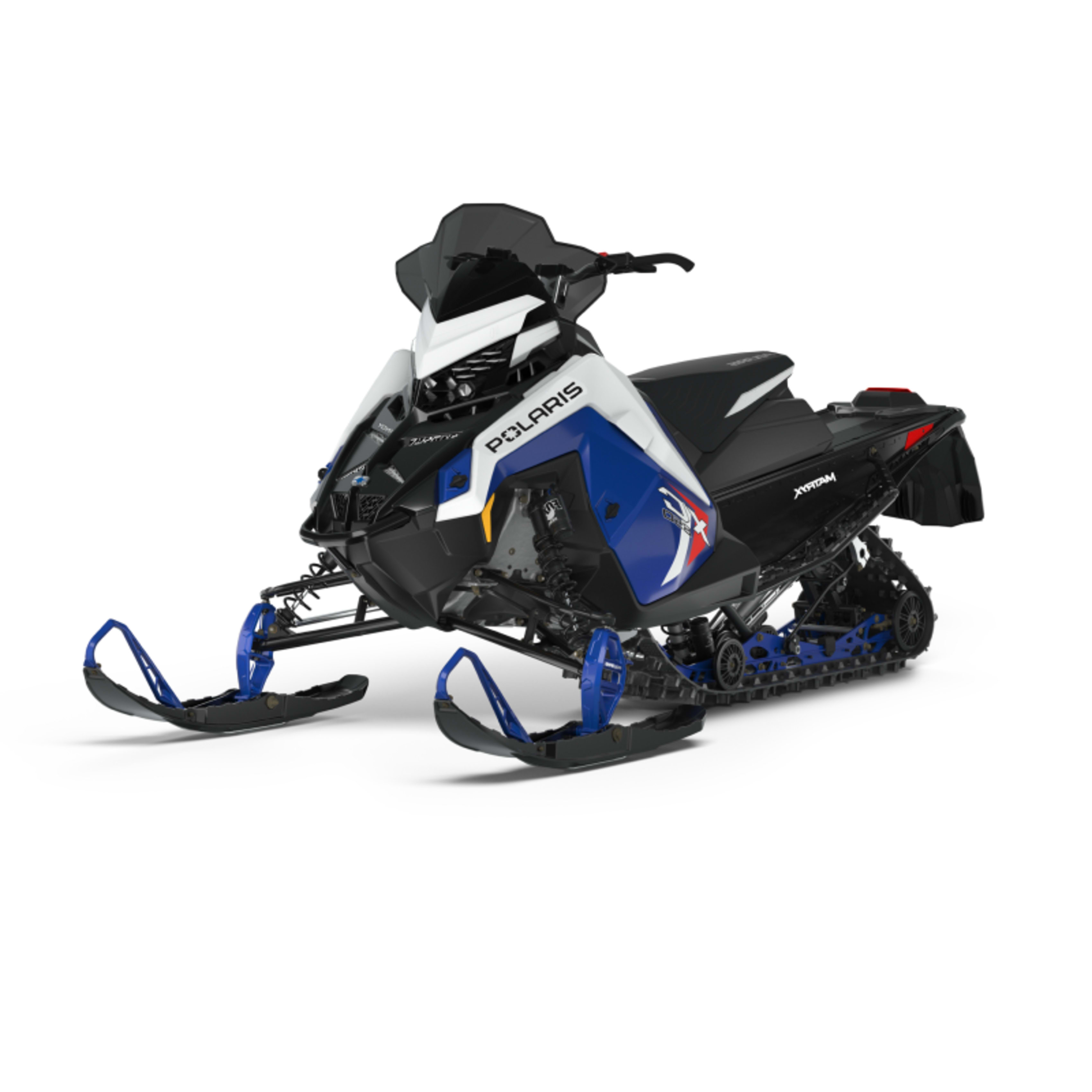 Modern Polaris snowmobile in white, blue, and black colors with blue skis, ready for winter adventures, isolated on a white background.