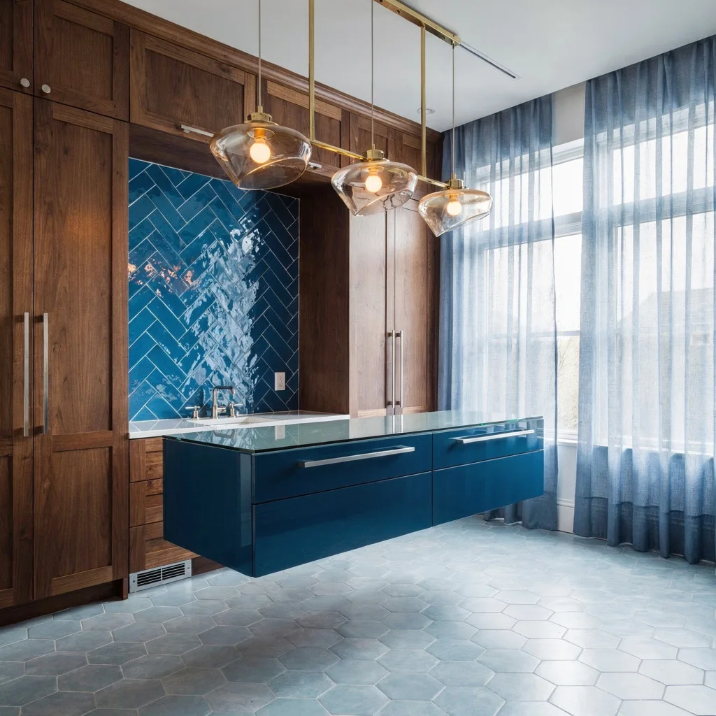 Level Up with a Cerulean Herringbone Backsplash