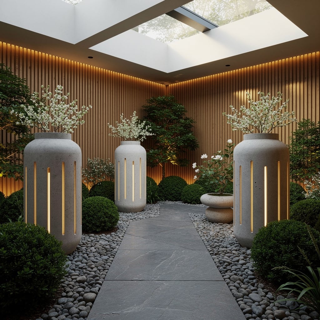 Sculptural Calm: Monolithic Concrete Lanterns in Your Garden Room