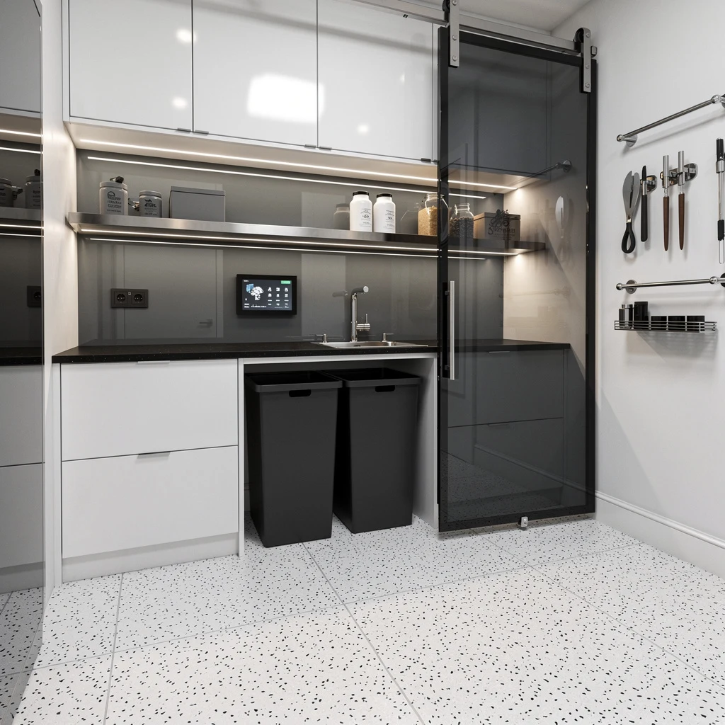 Monochrome Mastery: High Gloss, Graphite, and Sliding Barn Door Swag