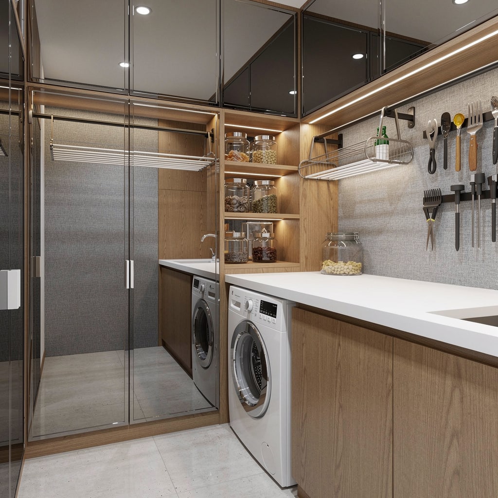 Urban Luxe: Mirrored Cabinets, Honey Oak, and City Slick Storage