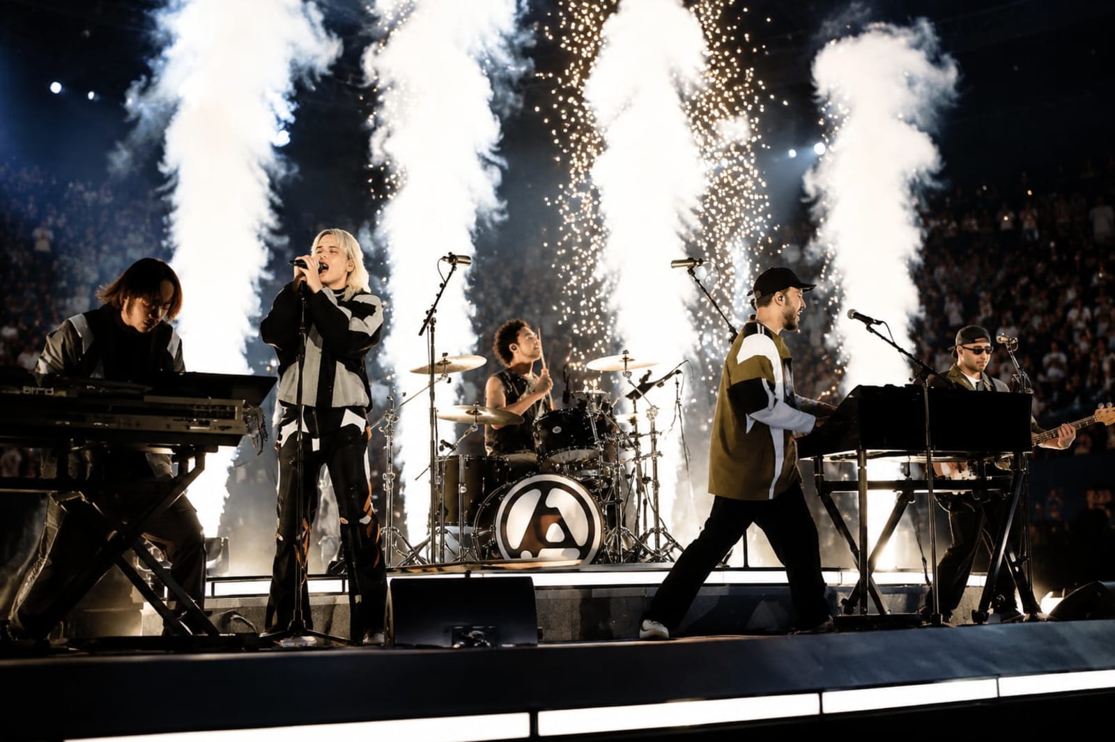 A band performing at a packed stadium show in India with pyrotechnics, an event running on AtomX access control and cashless payments