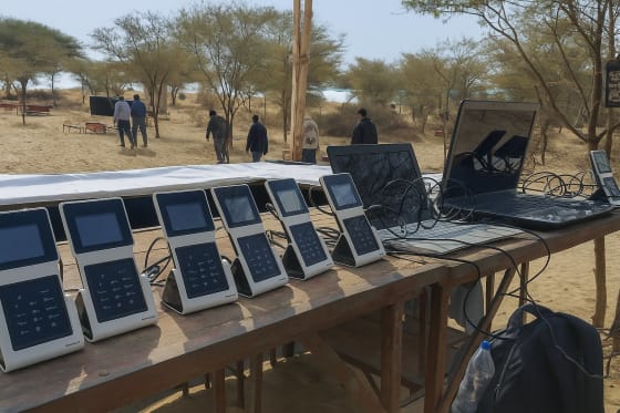 AtomX NFC contactless payment POS terminals set up on a desert festival ground in Rajasthan, India