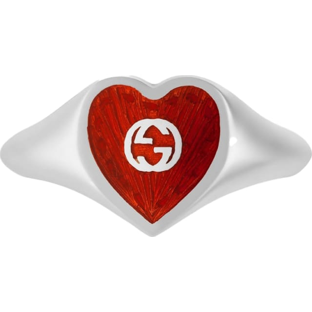 Gucci Ring With Interlocking G Enamel Heart Silver/Red