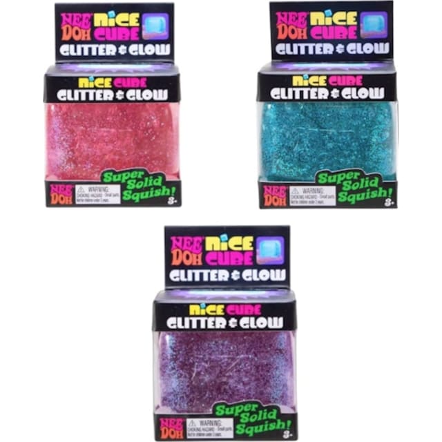 NeeDoh Nice Cube Glitter and Glow Squishy Fidget Toy Set of 3 Pink/ Purple/ Blue