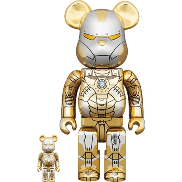 Bearbrick x Hajime Sorayama x Marvel Iron Man Reverse 100% & 400% Set Gold/Silver