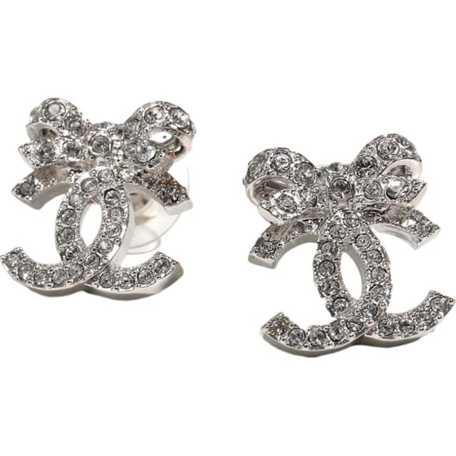 Chanel Bow Tie CC Logo Earrings Silver (ABA922)