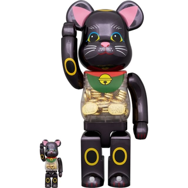 Bearbrick Lucky Cat Oval Ten Million Ryo Black Plated 100% & 400% Set