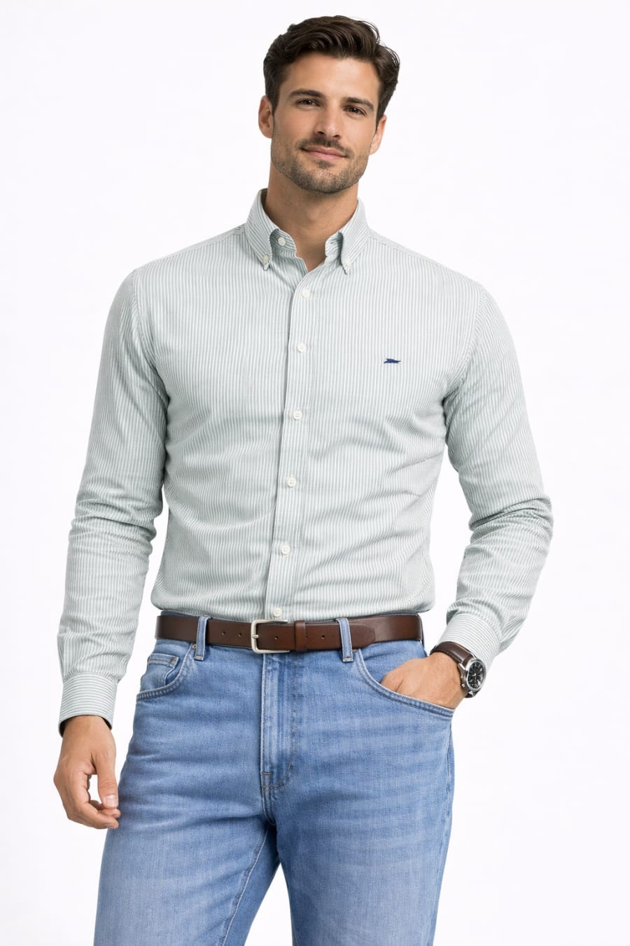 Camisa Oxford rayas verde y banca