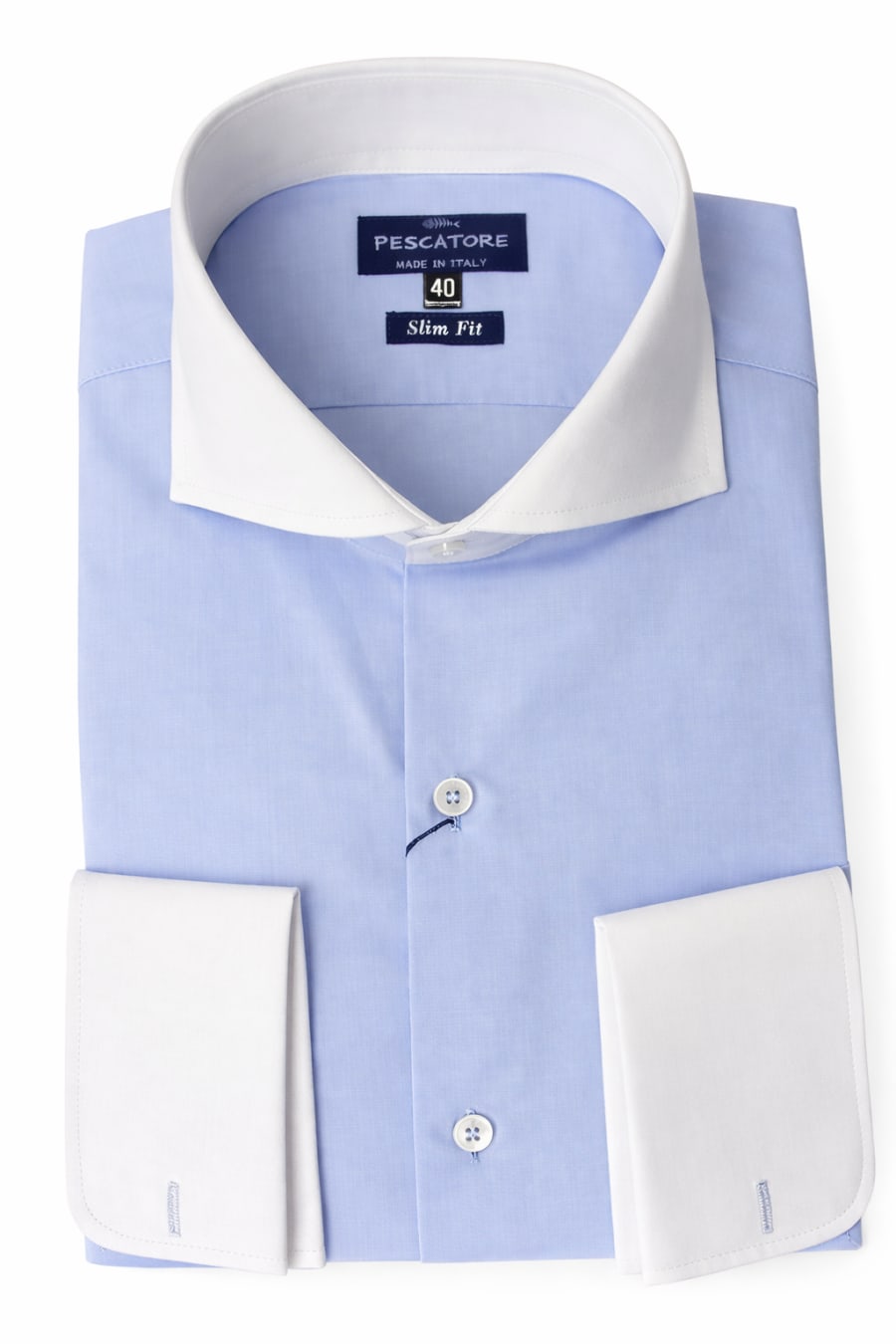 Camisa de vestir Pescatore celeste con cuello y puños blancos