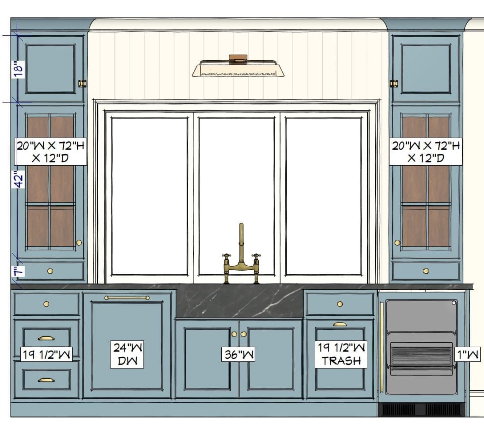 Elevation drawing of the Gorobtchouk kitchen sink wall with cabinet sizes