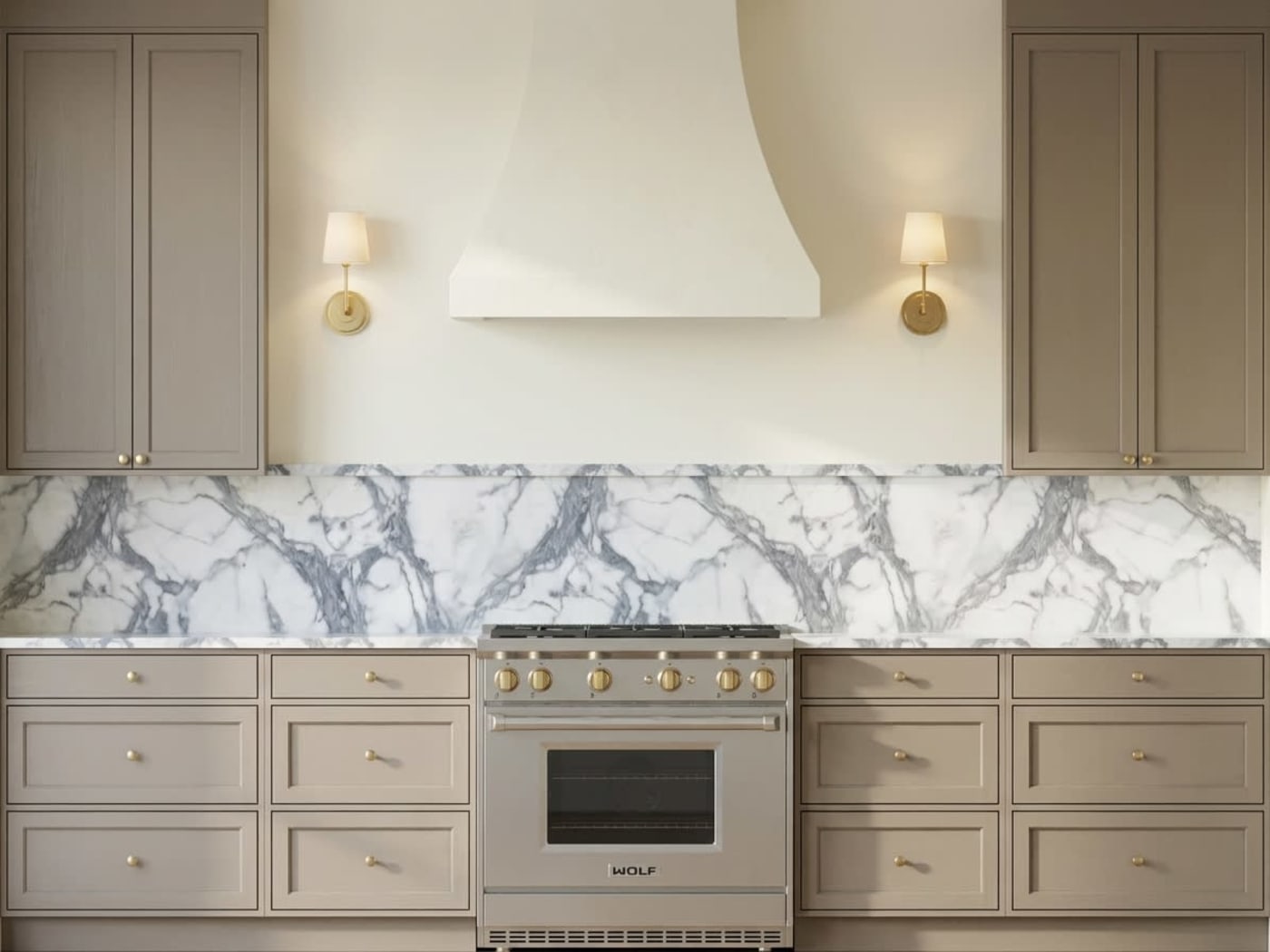 Kitchen design rendered photorealistically with bright marble backsplash and tan cabinets